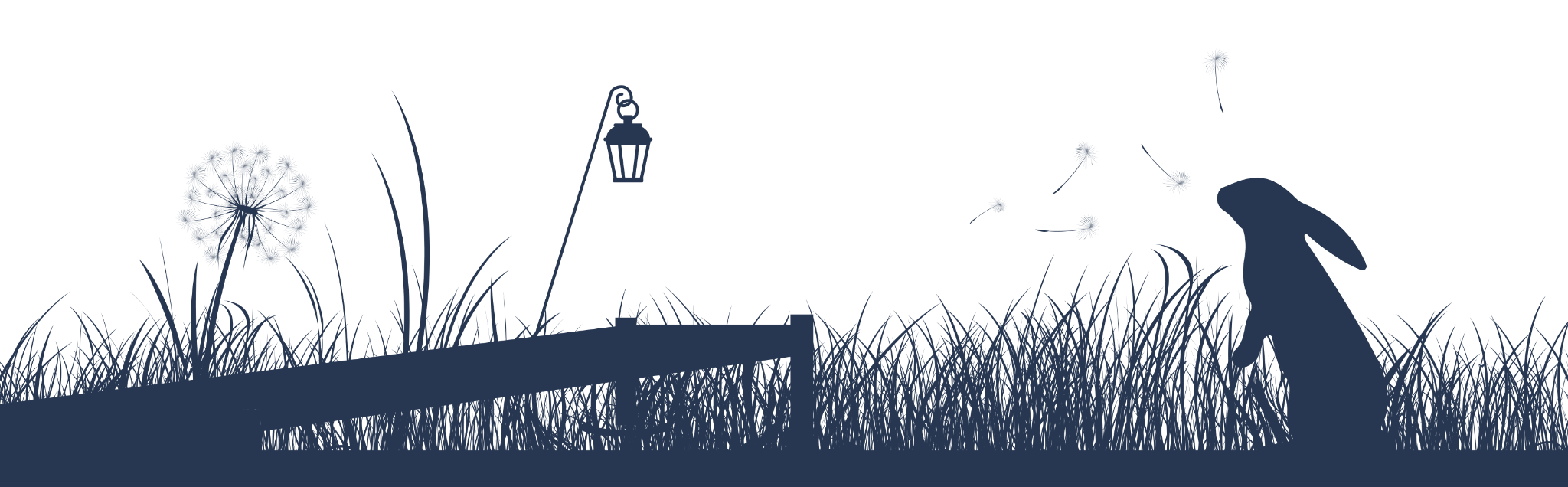 Whitemere landscape illustration with grasses, bench, lamp and hare